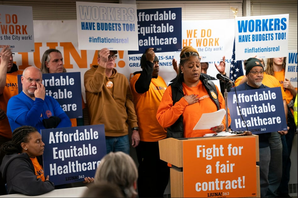 Monica Smith, president of LIUNA Local 363 and a Public Works employee of more than 20 years, speaks in support of a strike demanding fair wages and working conditions at the United Labor Center on Wednesday, Feb. 21, 2024 in Minneapolis