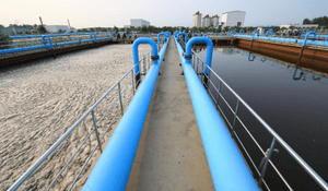 Blue pipes of a water plant.